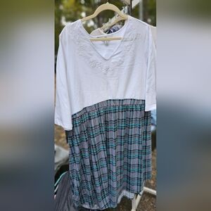 White and Plaid Dress with Floral Embroidery